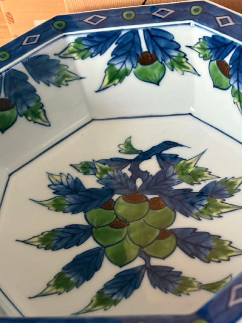 源右衛門　染錦八角形　栗絵　菓子鉢 未使用　 共木箱入　栞