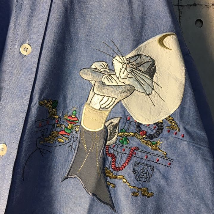 【希少】90s PARIS ルーニー・テューンズ 刺繍ロゴ シャンブレーシャツ