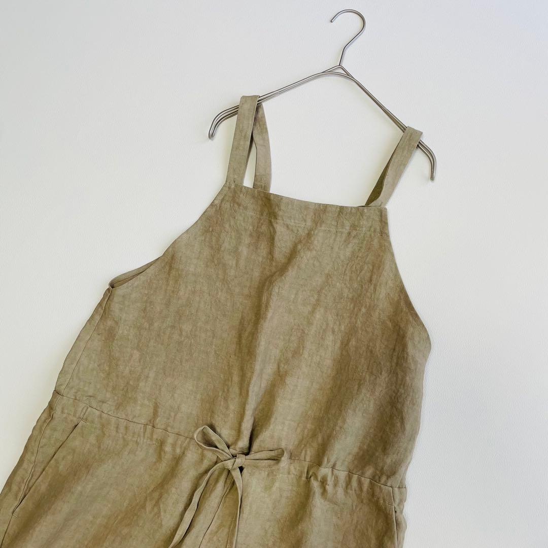 6010【美品】かぐれ　オールインワン　つなぎ　リネン　麻　ベージュ　ナチュラル