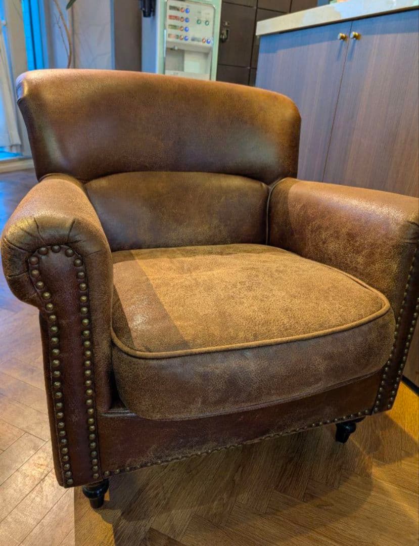 【ラスト一脚】ヴィンテージ調 ブラウンレザー風 アームチェア 1人掛け ソファ