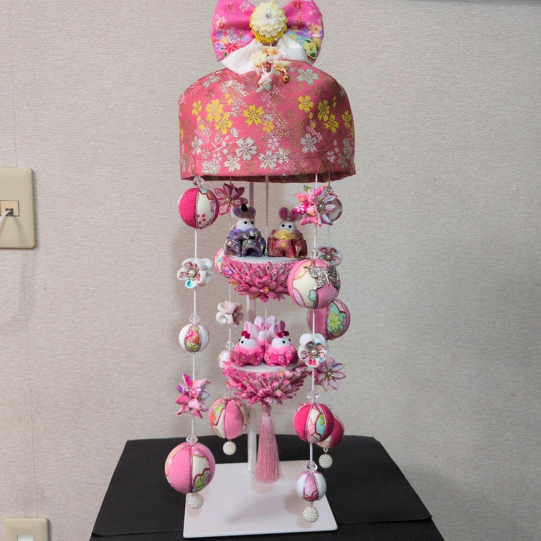 つまみ細工吊るし雛　雛人形　　　髪飾り付き　お雛様　ピンク