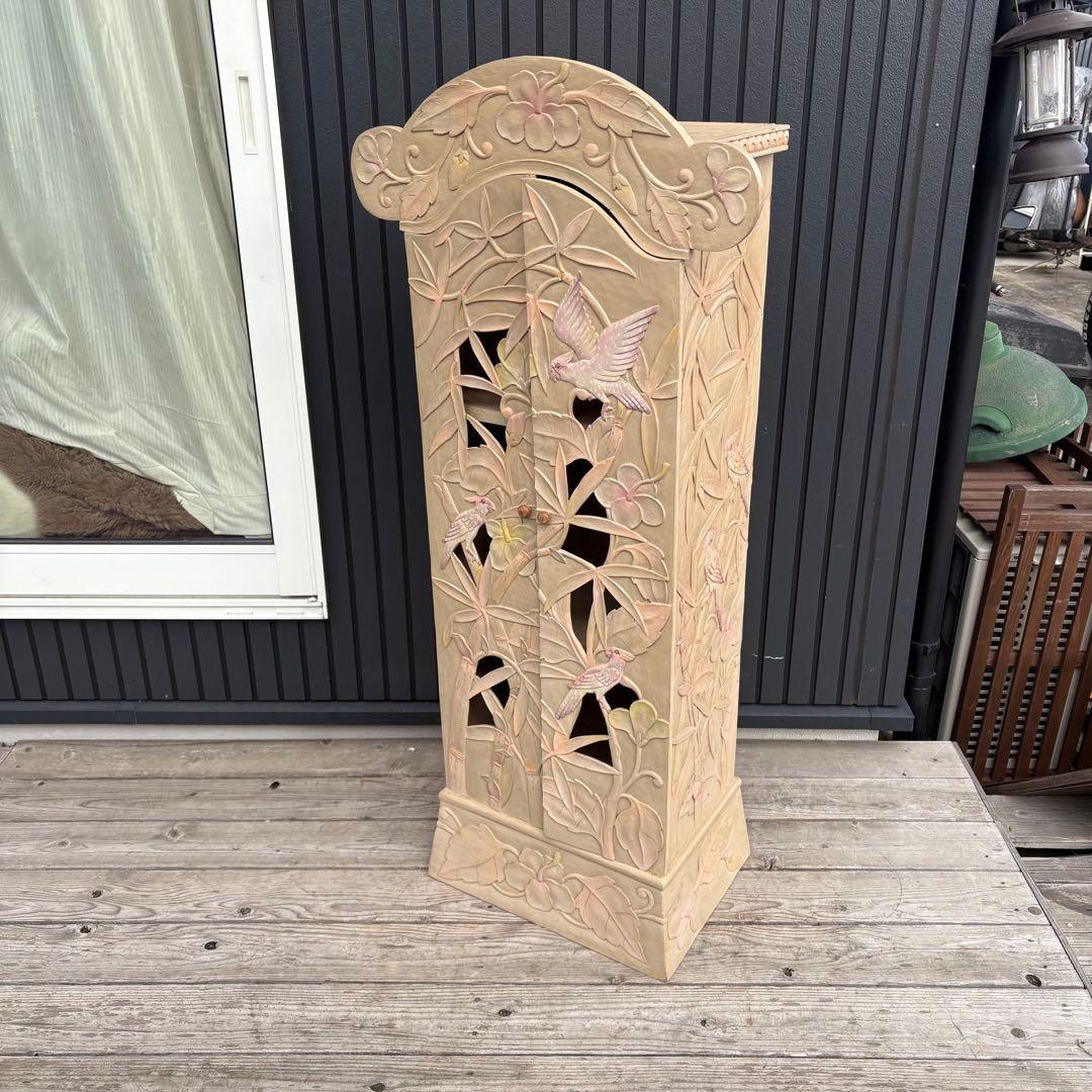 ヴィンテージ 彫刻キャビネット 木製収納棚 鳥 花 草木モチーフ アジアン調