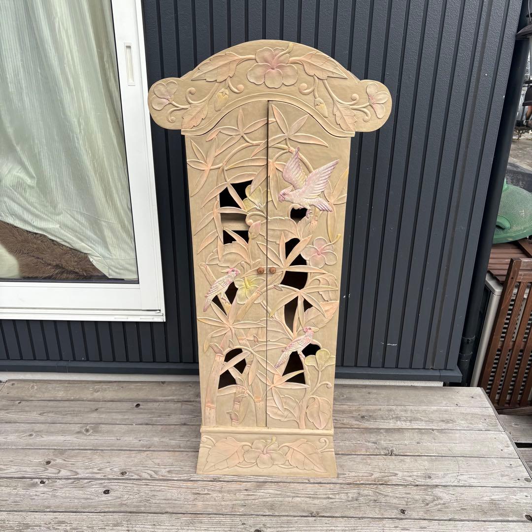 ヴィンテージ 彫刻キャビネット 木製収納棚 鳥 花 草木モチーフ アジアン調