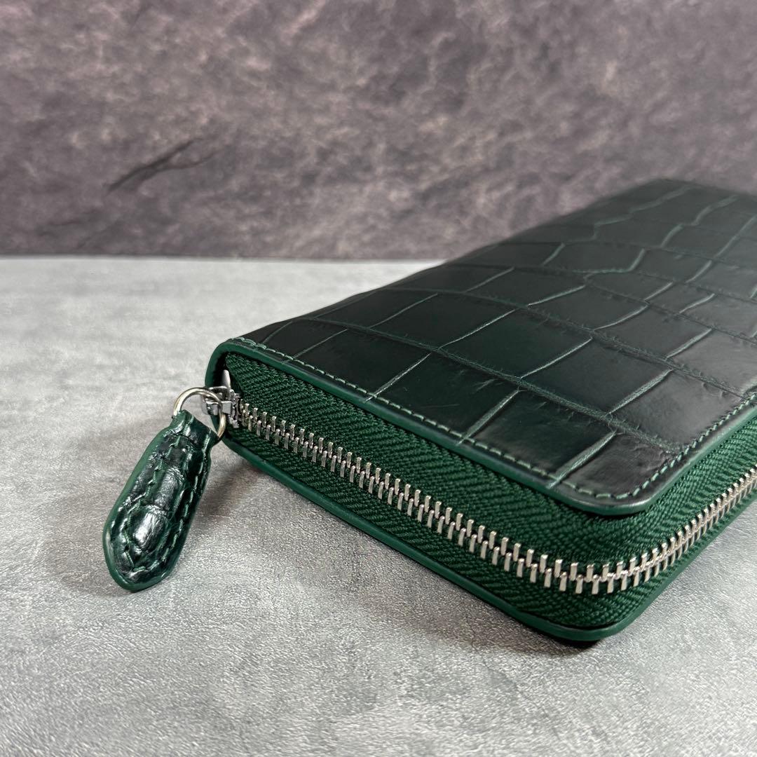 クロコダイル 長財布 ダークグリーン 緑 希少 マット仕上げ シルバーファスナー