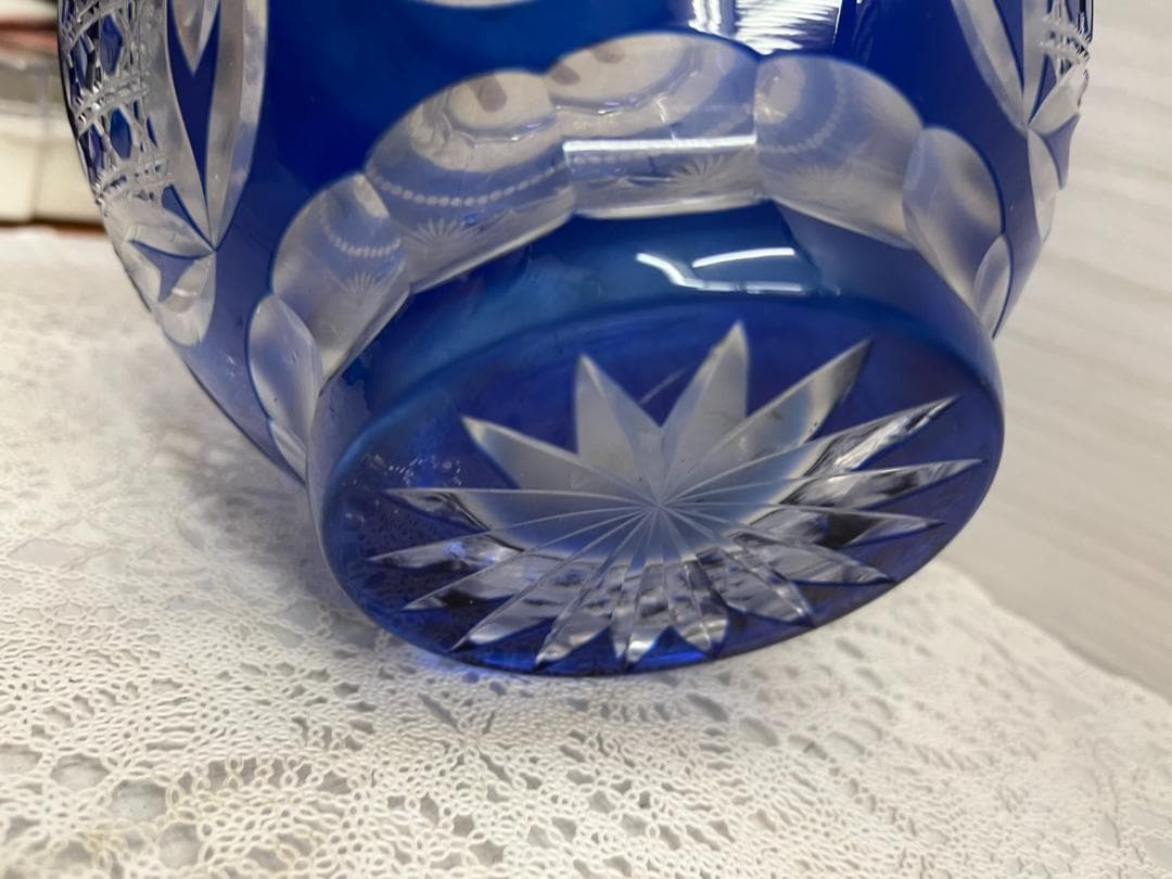 カガミクリスタル　江戸切子　花瓶　壺　フラワーベース　ブルー
