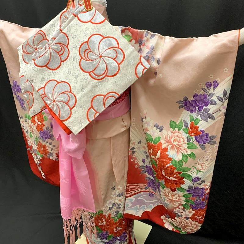 601ag30□七五三 七歳 女児 着物&袋帯 牡丹 桜□状態良好