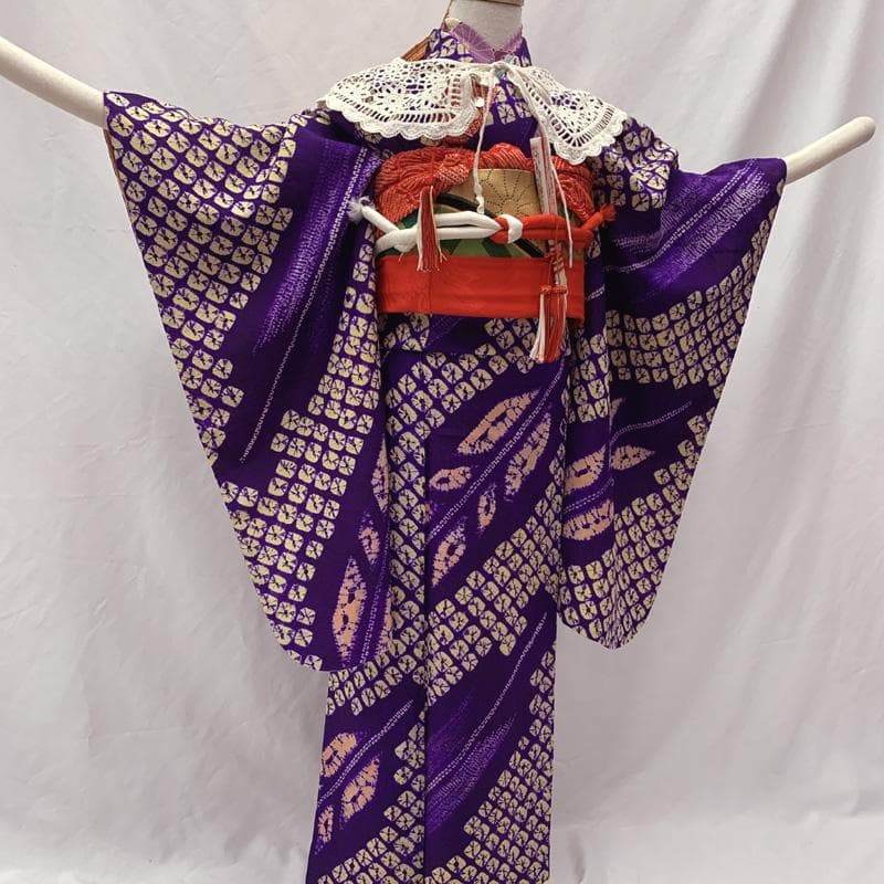 601ag44□七五三 七歳 女児 着物&袋帯 有松鳴海絞 蜘蛛絞り 紫□美品