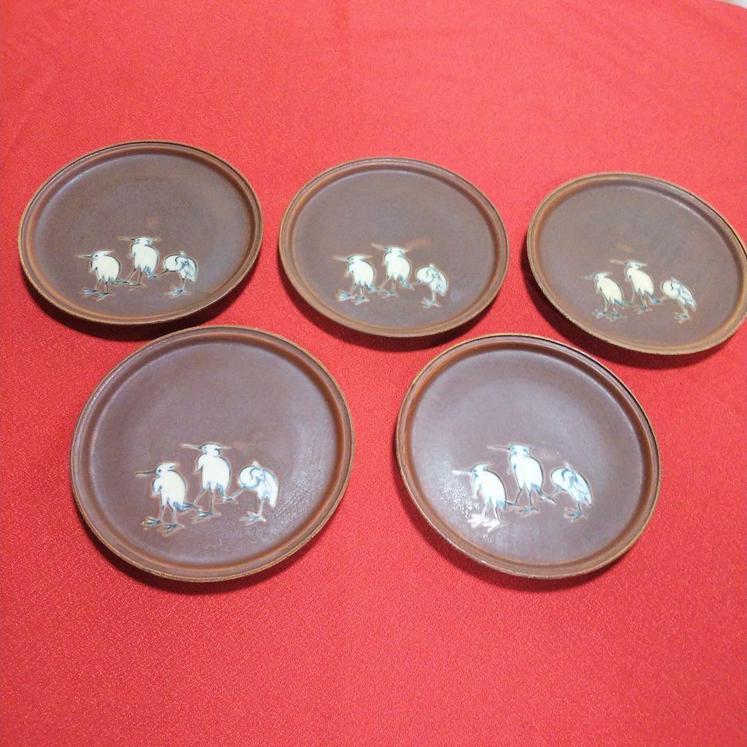 茶道具 九谷焼　古九谷 吸坂手 鷺図丸皿５枚 C