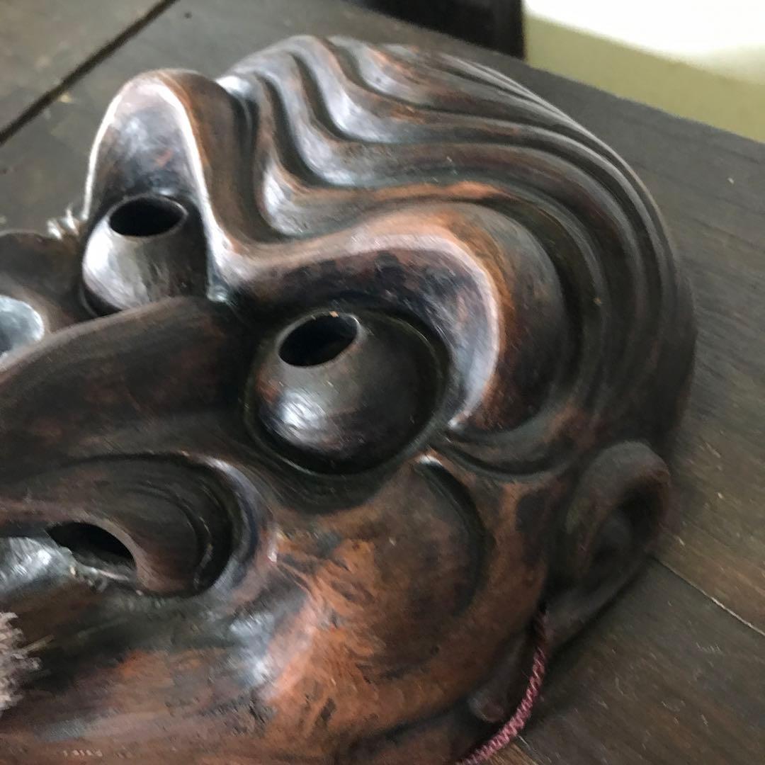 珍品　古道具　木製　うそ吹き　能面　狂言面　壁掛け　手彫り　アンティーク　横16