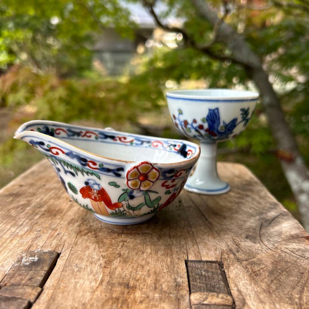 中国美術　大明萬暦年製　花飾湯冷まし ＆大明成化年製 台付盃 杯 2点