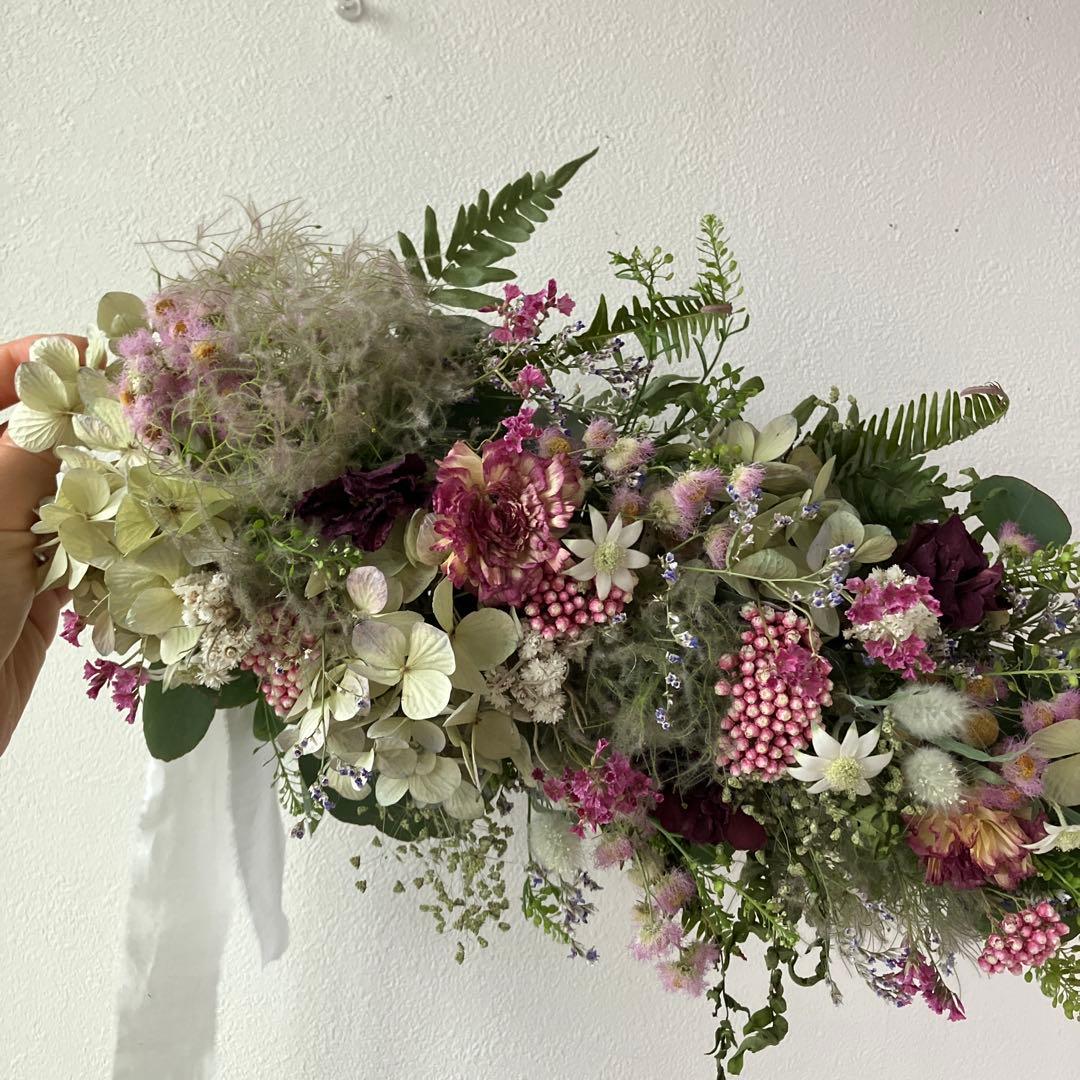 スモークツリー とアンティーク紫陽花の2wayガーランド　ライスフラワー