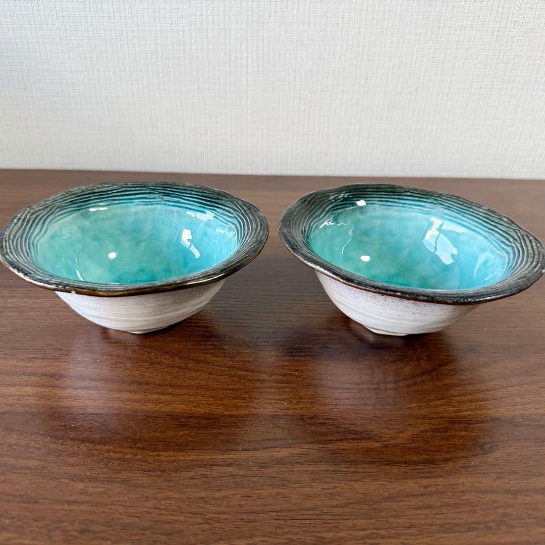 作家物 青緑釉 小鉢 2客セット 現代陶芸 直径約11cm 美品