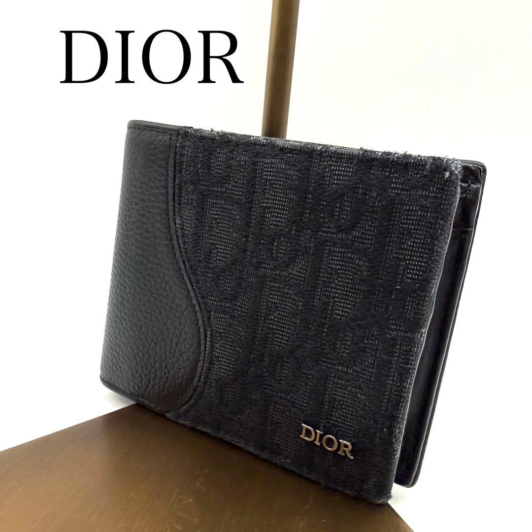 美品　Dior 二つ折り財布　サドル　オブリーク　ジャガード　ブラック　レザー