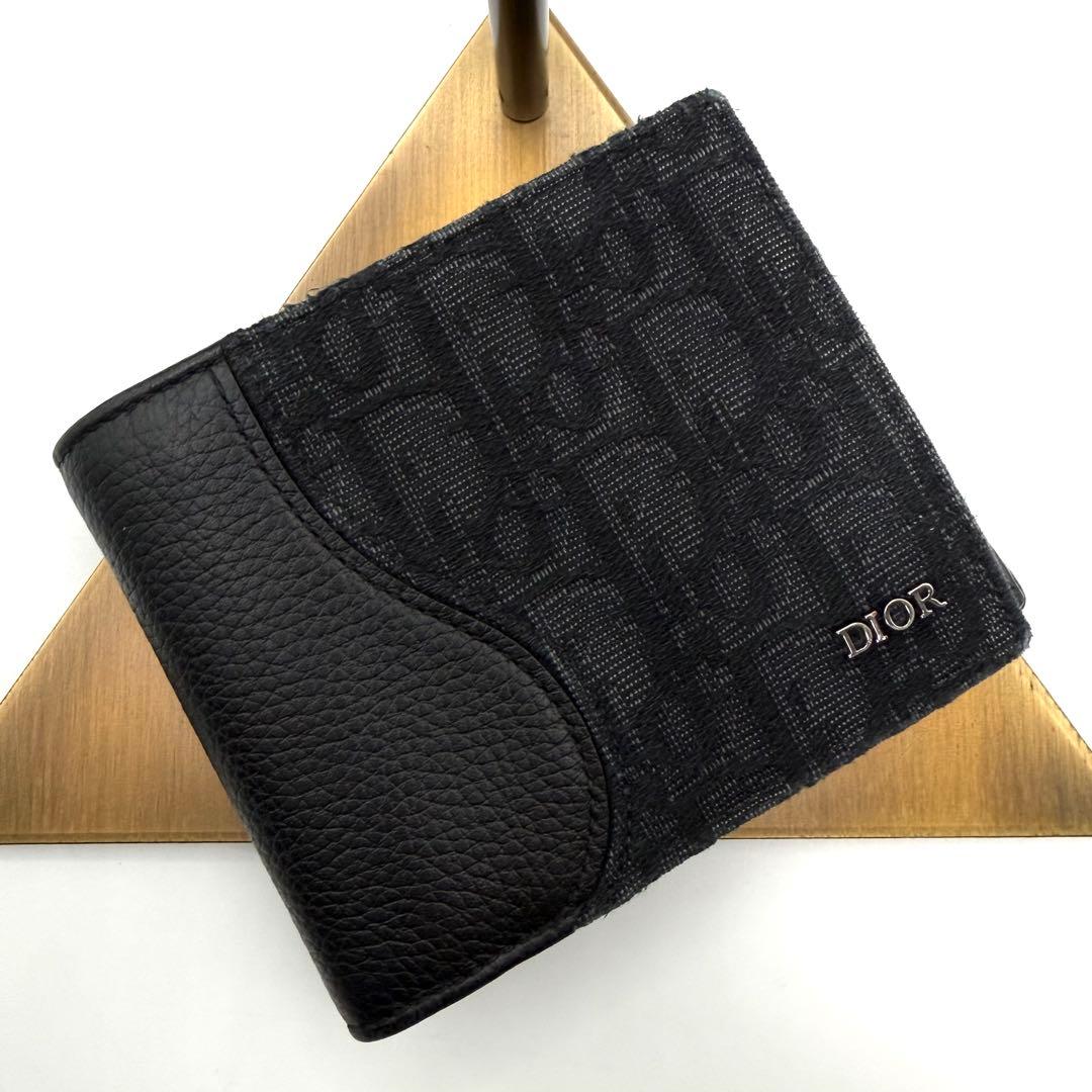 美品　Dior 二つ折り財布　サドル　オブリーク　ジャガード　ブラック　レザー