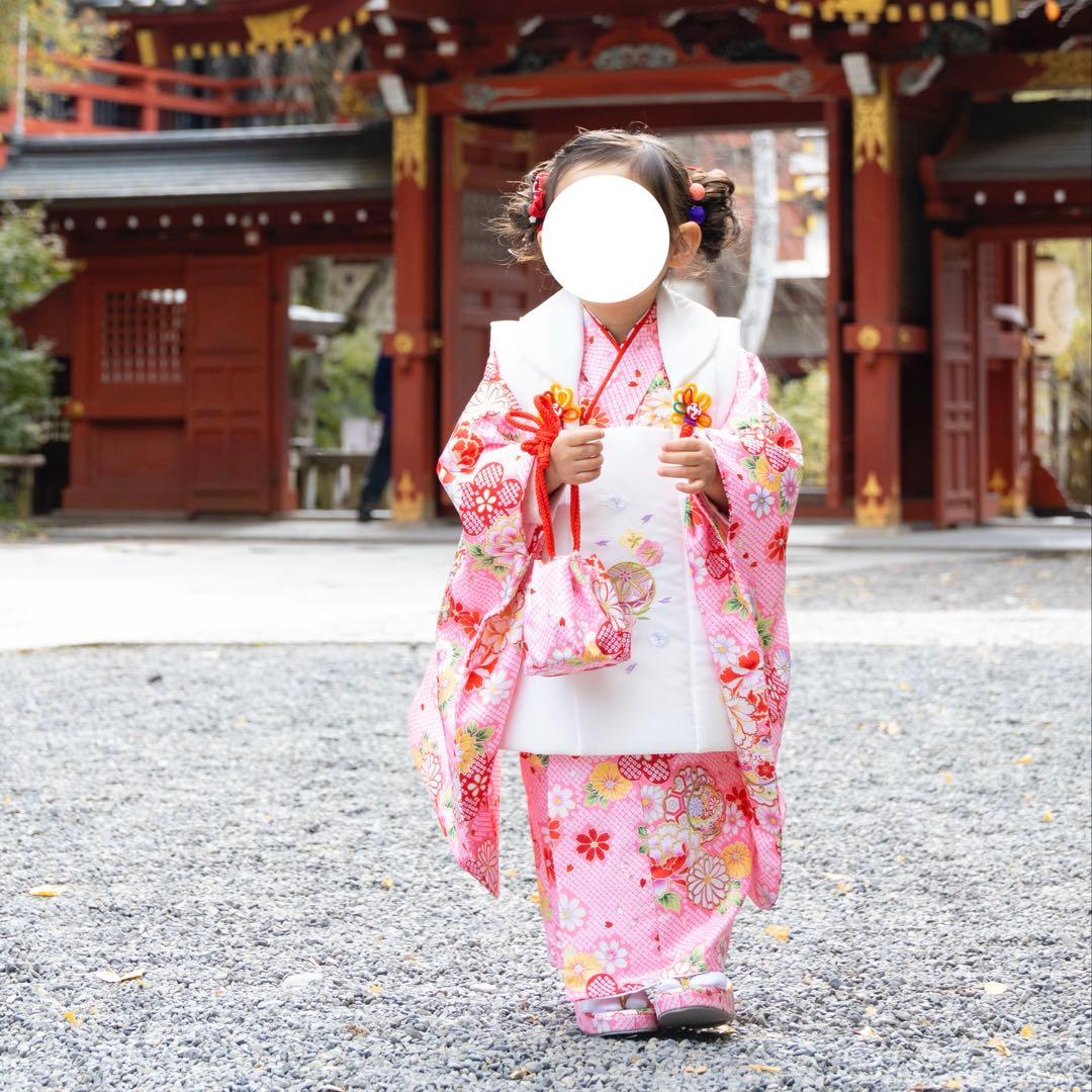 七五三用 花柄 ピンク着物　セット　女の子　3歳