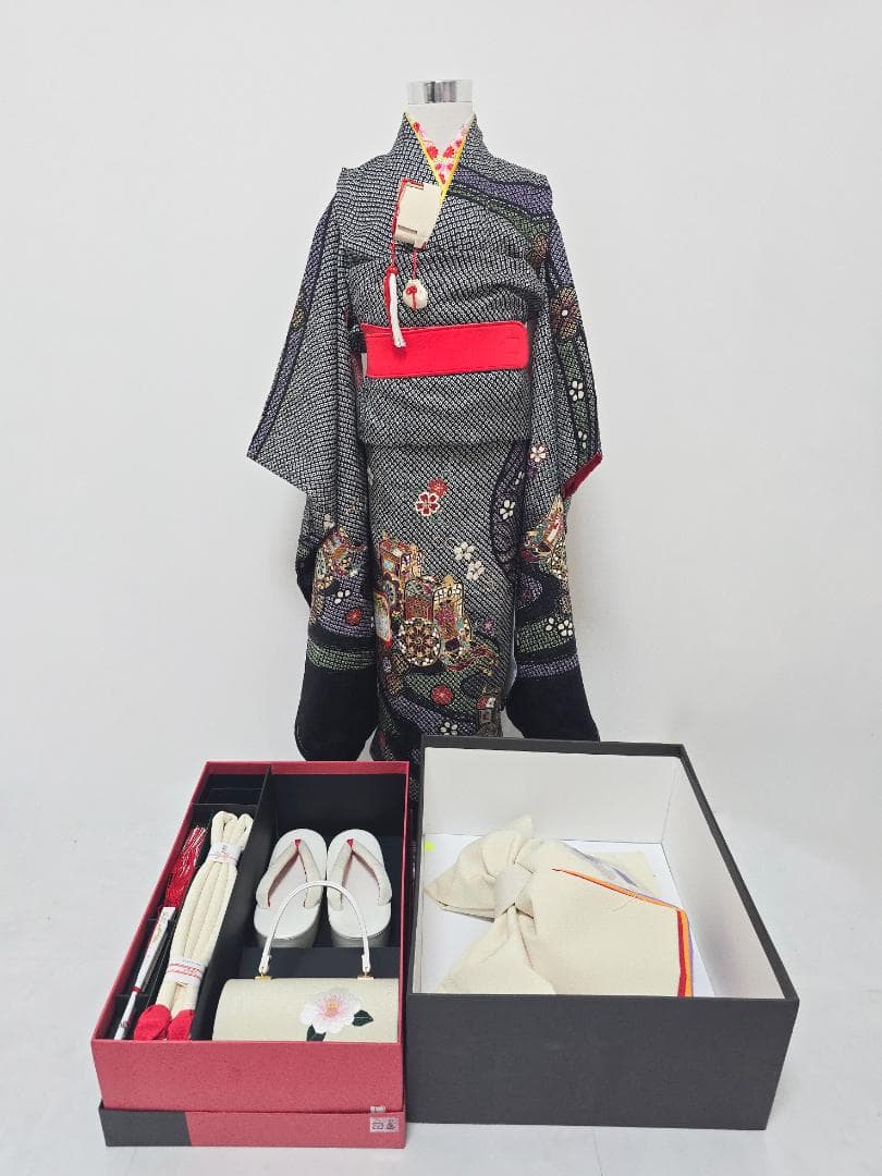 七五三　7歳　黒　総絞り　正絹　着物　セット　女の子 *c81