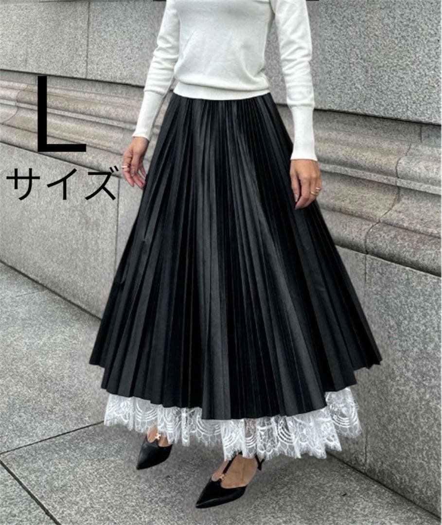 JENNE ジェンヌ 合皮プリーツスカート ブラック レース ロング Lサイズ
