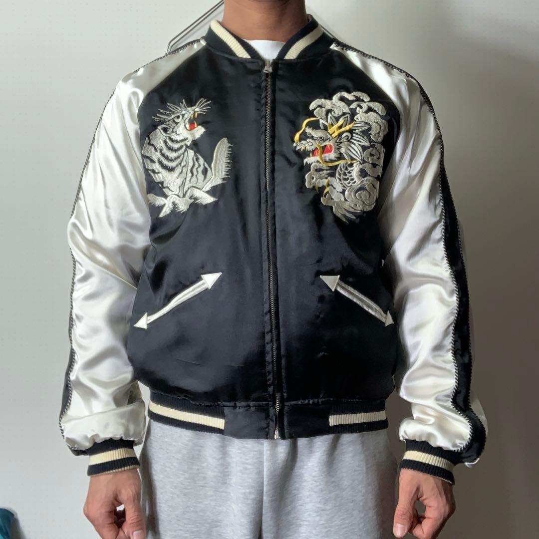 美品 00s リバーシブルスカジャン 龍 虎 鷲 japan ブラック ブラウン