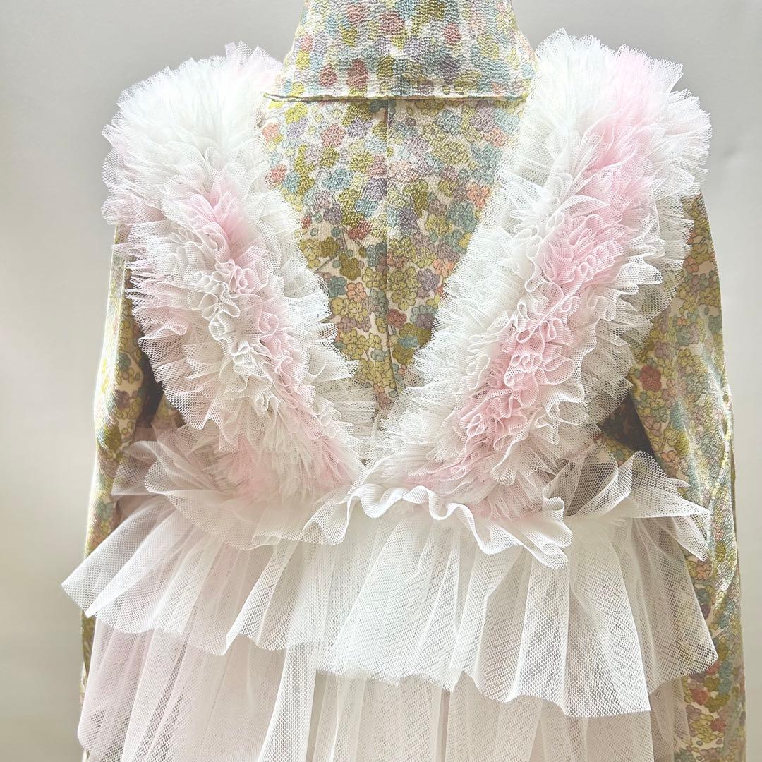 被布エプロン【ホワイトピーチフリル】　チュール被布　被布ドレス　七五三着物　被布