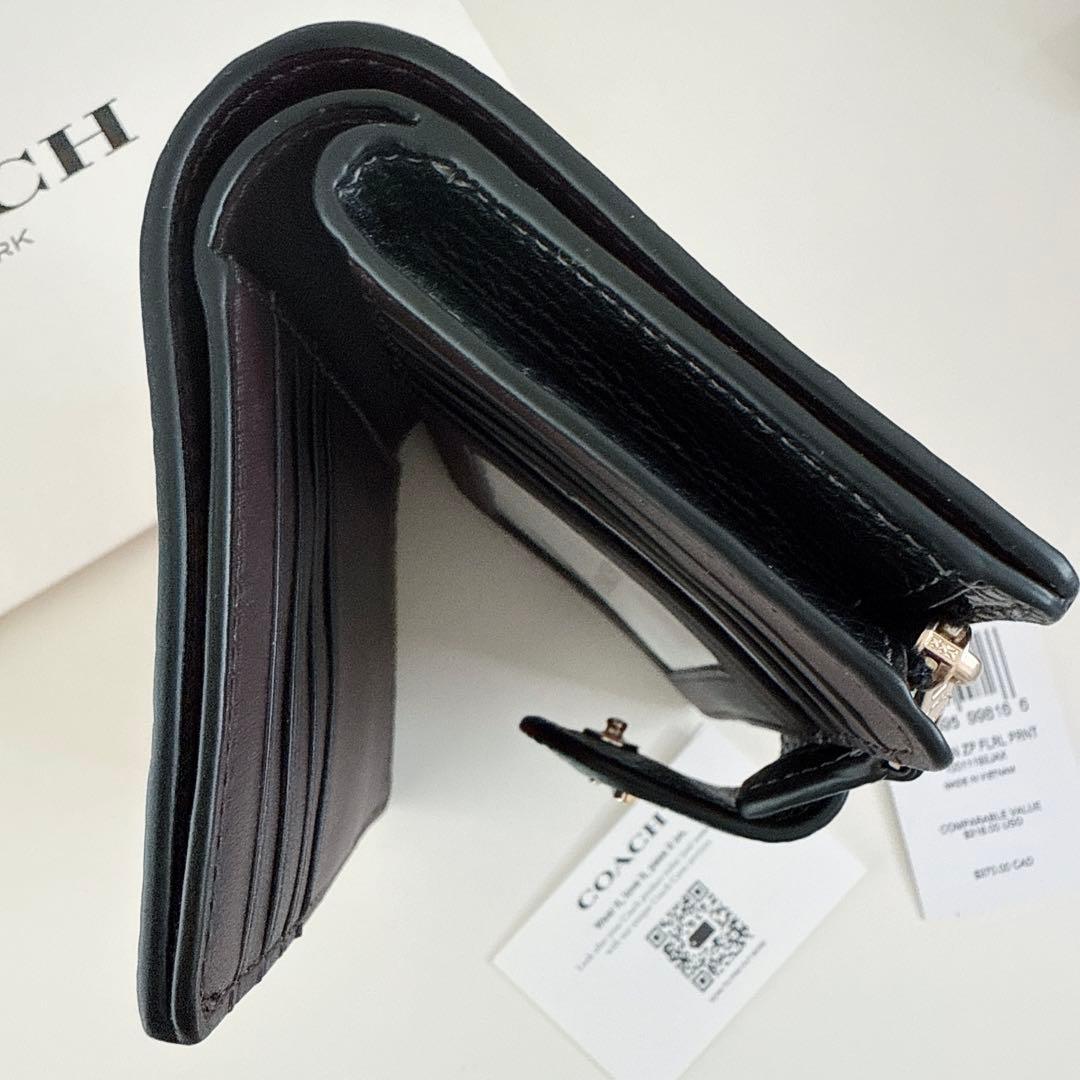 COACH コーチ　二つ折り財布　ブラック　レッド花柄　ローズ柄　赤色　折り財布