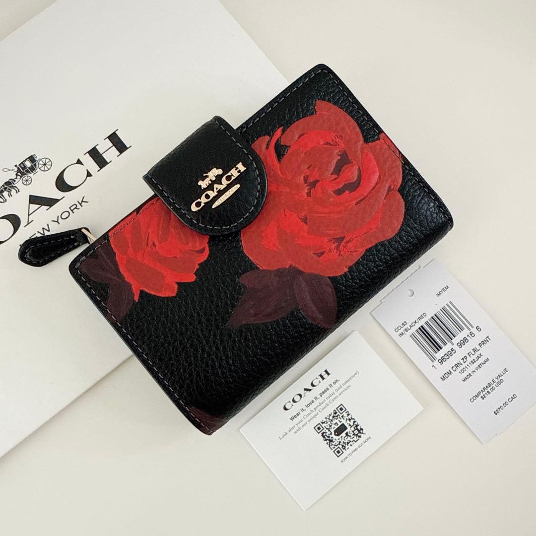 COACH コーチ　二つ折り財布　ブラック　レッド花柄　ローズ柄　赤色　折り財布