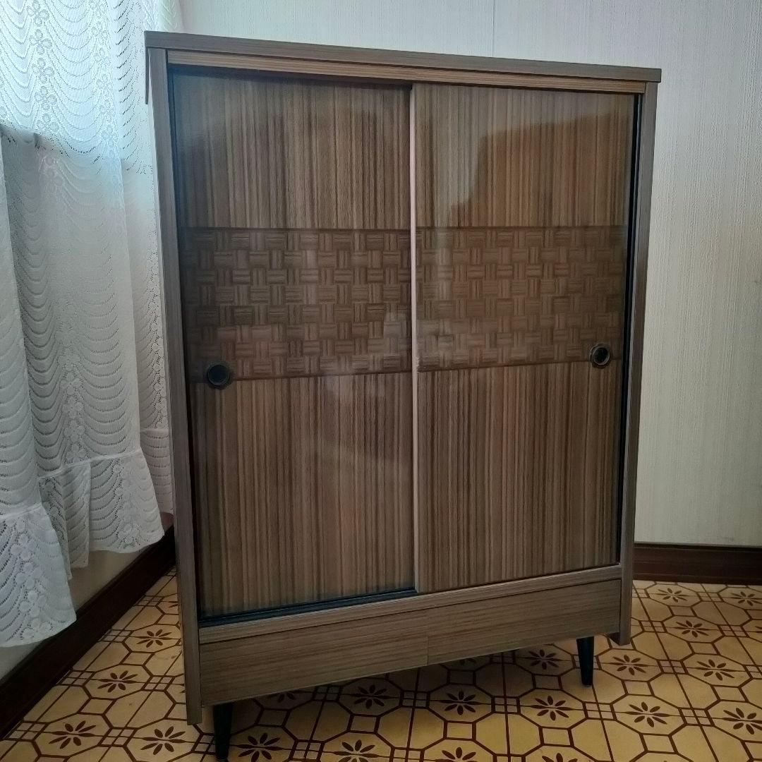 【昭和レトロ】木製 ブラウン スライド扉 下駄箱 靴箱 引き出し付き