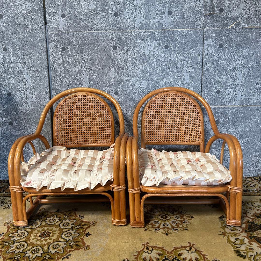 ꧁籐家具꧂クッション付ラタン座椅子 昭和レトロ メッシュバック いす イス 椅子