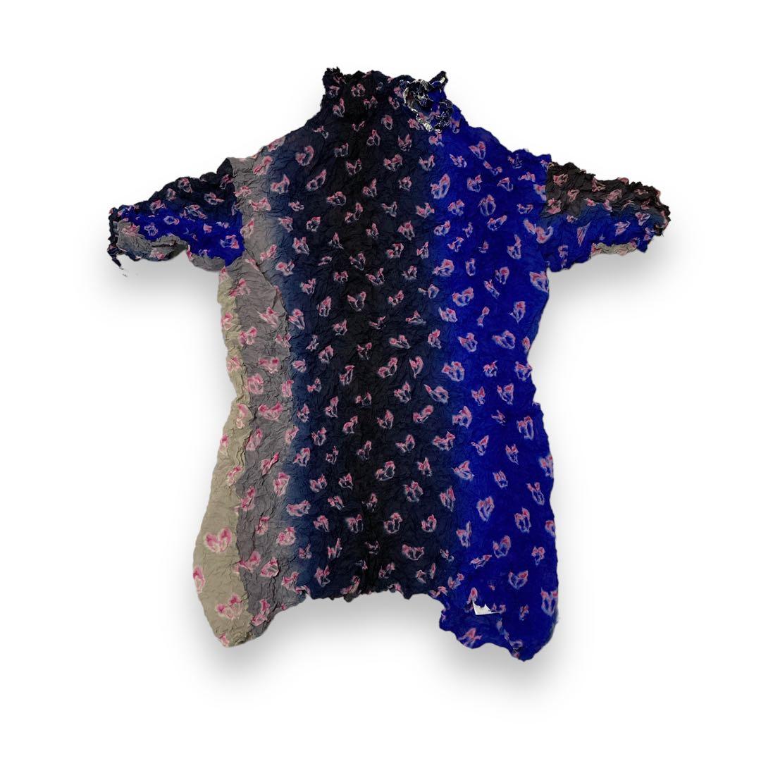 【可愛いハート柄】イッセイミヤケ ポップコーンブラウス カットソー シワ加工半袖