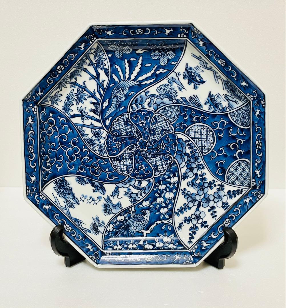 平戸三川内焼 平戸松山窯 祥瑞手 染付捻り吉祥文様 八角大皿31cm
