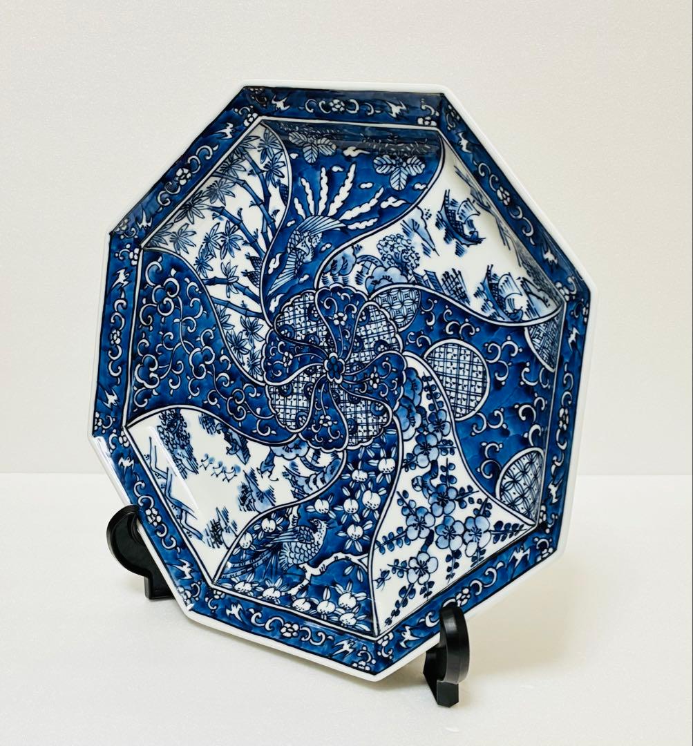 平戸三川内焼 平戸松山窯 祥瑞手 染付捻り吉祥文様 八角大皿31cm