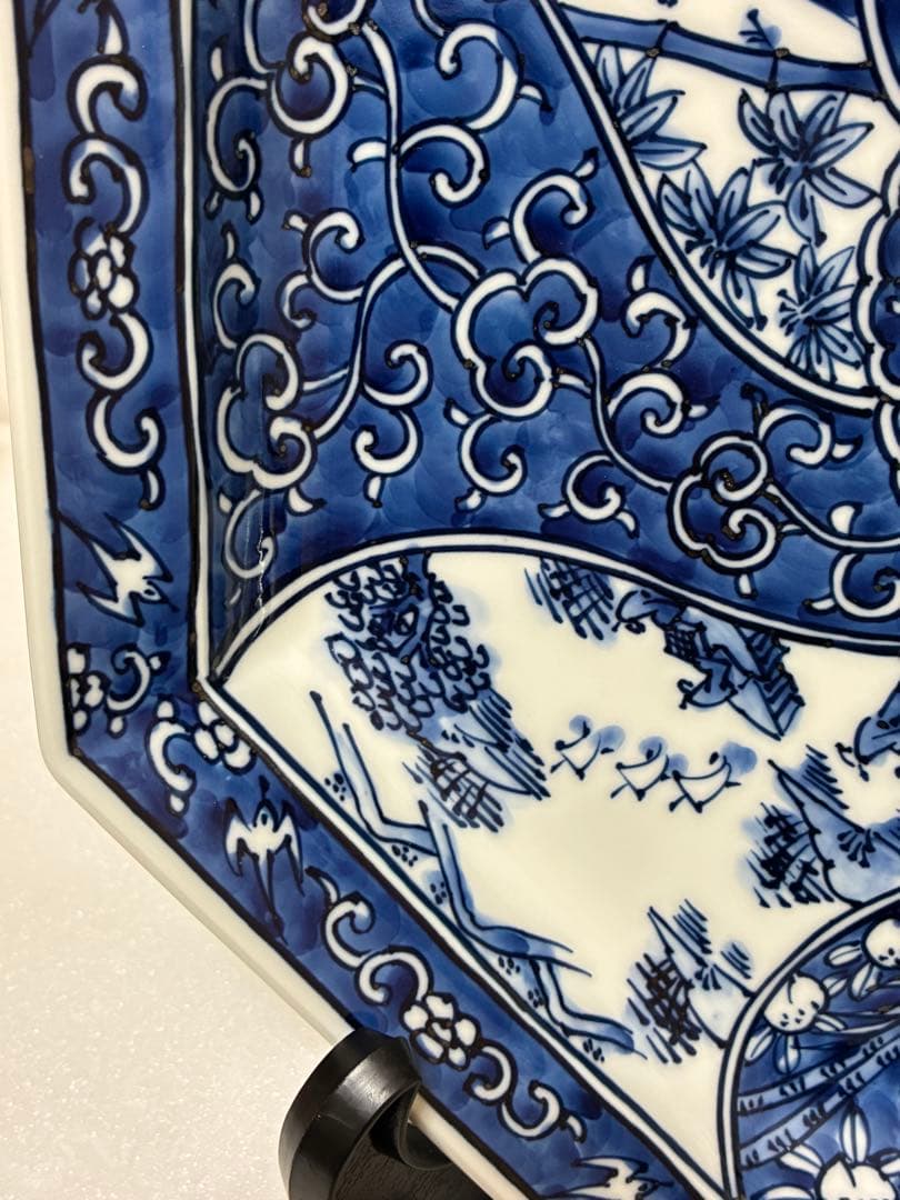 平戸三川内焼 平戸松山窯 祥瑞手 染付捻り吉祥文様 八角大皿31cm