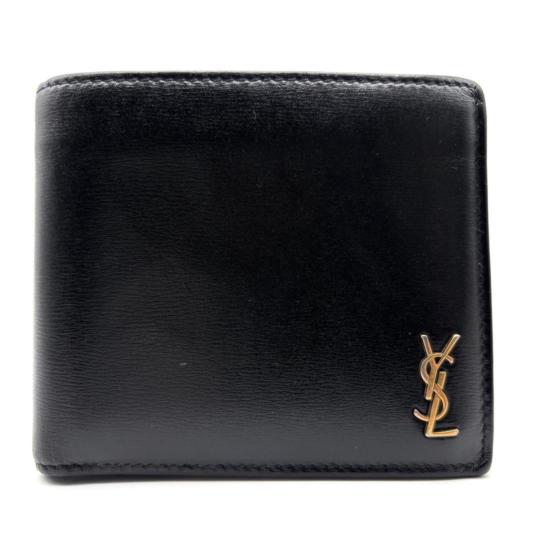 美品 イヴサンローラン カサンドラ 二つ折り財布 ロゴ YSL レザー 箱付 黒