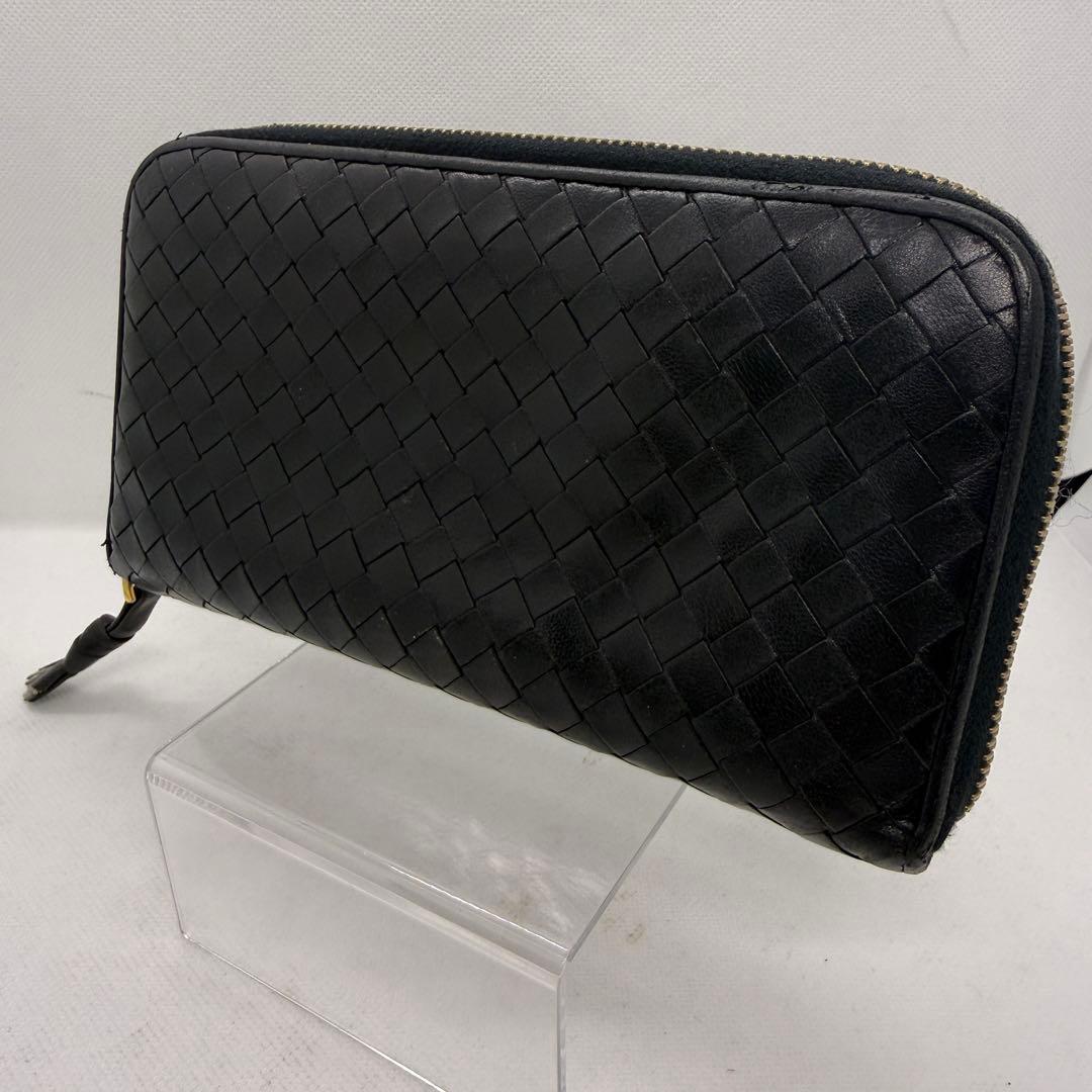 美品　ボッテガヴェネタ　ラウンドファスナー長財布　イントレチャート　黒　レザー