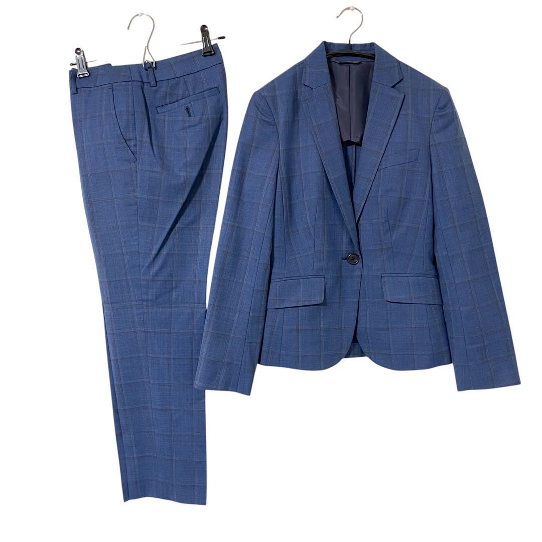 スーツカンパニー パンツスーツ チェック柄 洗える ストレッチ M 38 ブルー