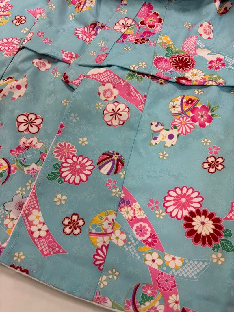 七五三　女の子　はなひめ　水色着物　カラフル　桜　熨斗目　狛犬　新品