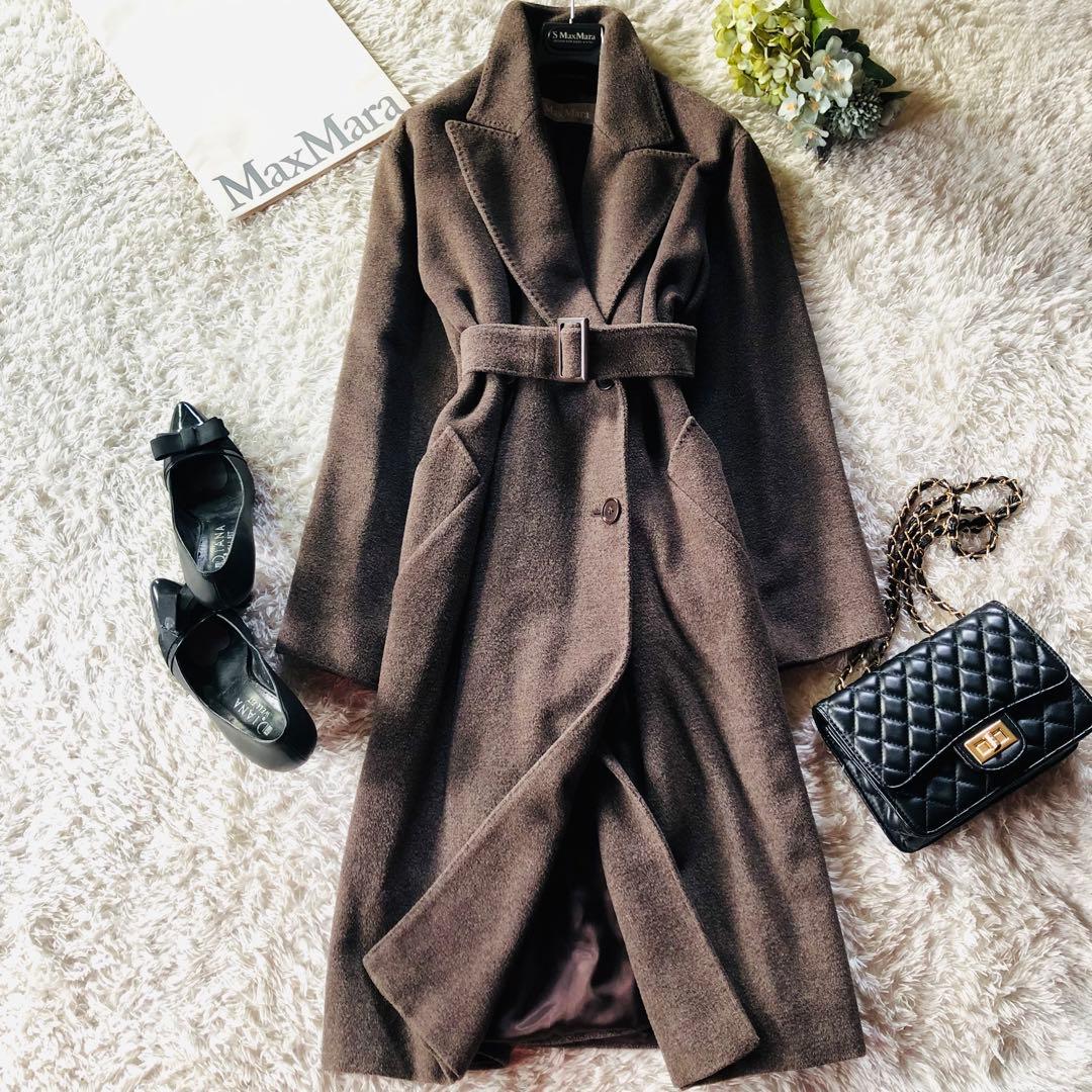 美品✨マックスマーラ ベルテッドコート シルク 女優襟 銀タグ ブラウン 40