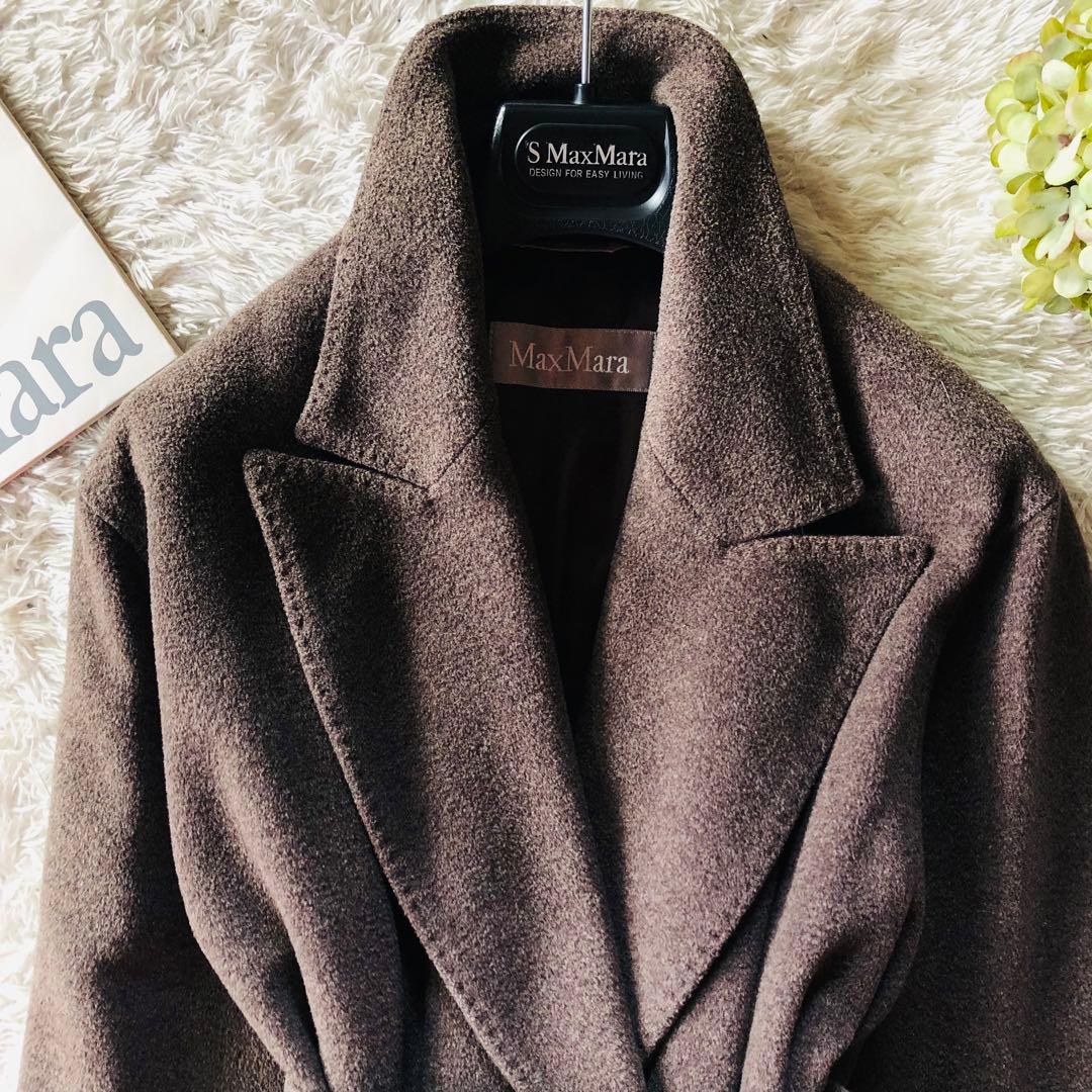 美品✨マックスマーラ ベルテッドコート シルク 女優襟 銀タグ ブラウン 40