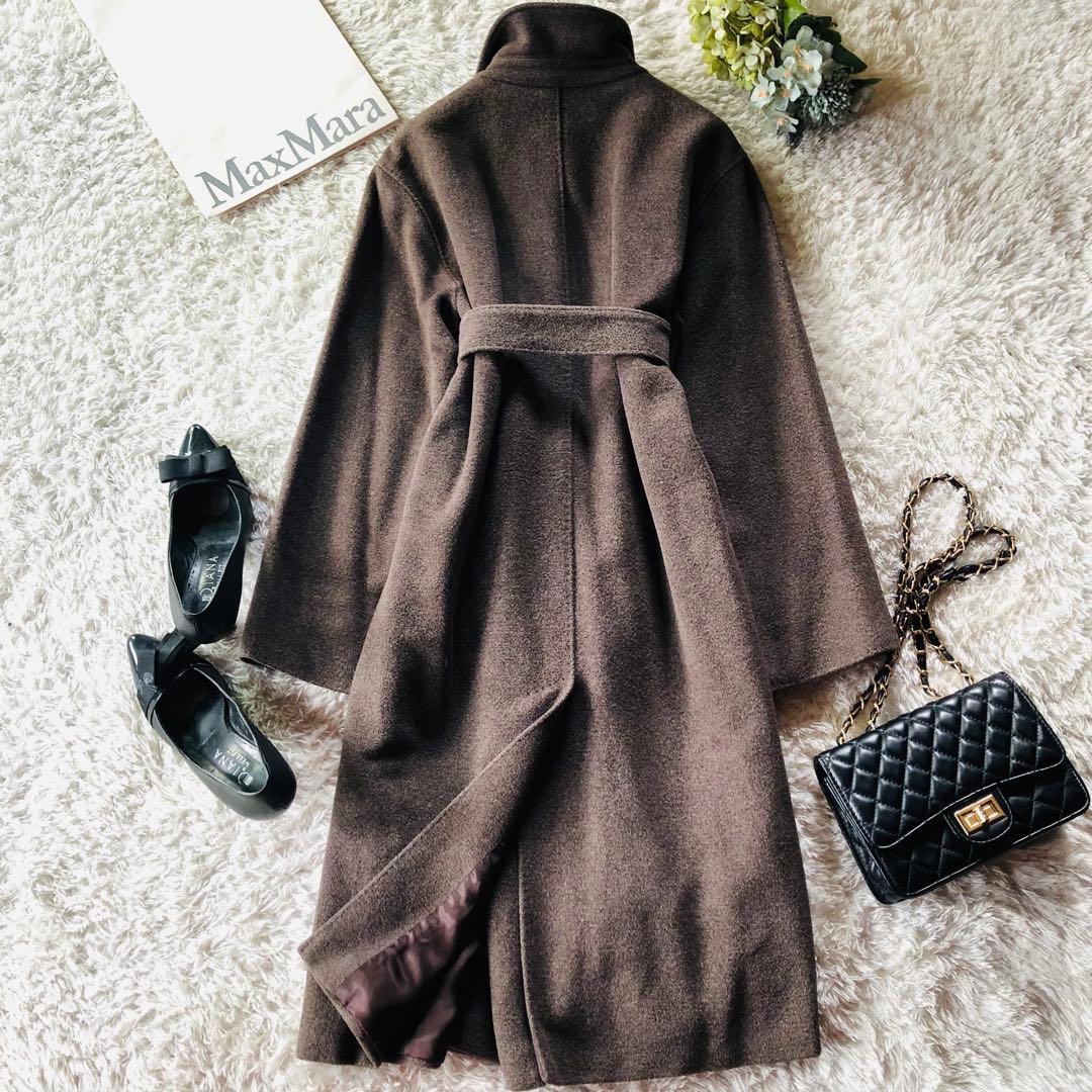 美品✨マックスマーラ ベルテッドコート シルク 女優襟 銀タグ ブラウン 40