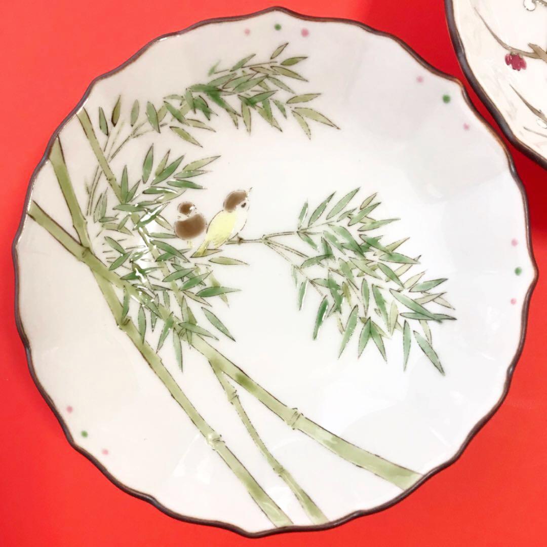 未使用美品✨九谷焼 美山 3.8号 花鳥絵変わり 小鉢 2客 ② 梅 竹 小鳥