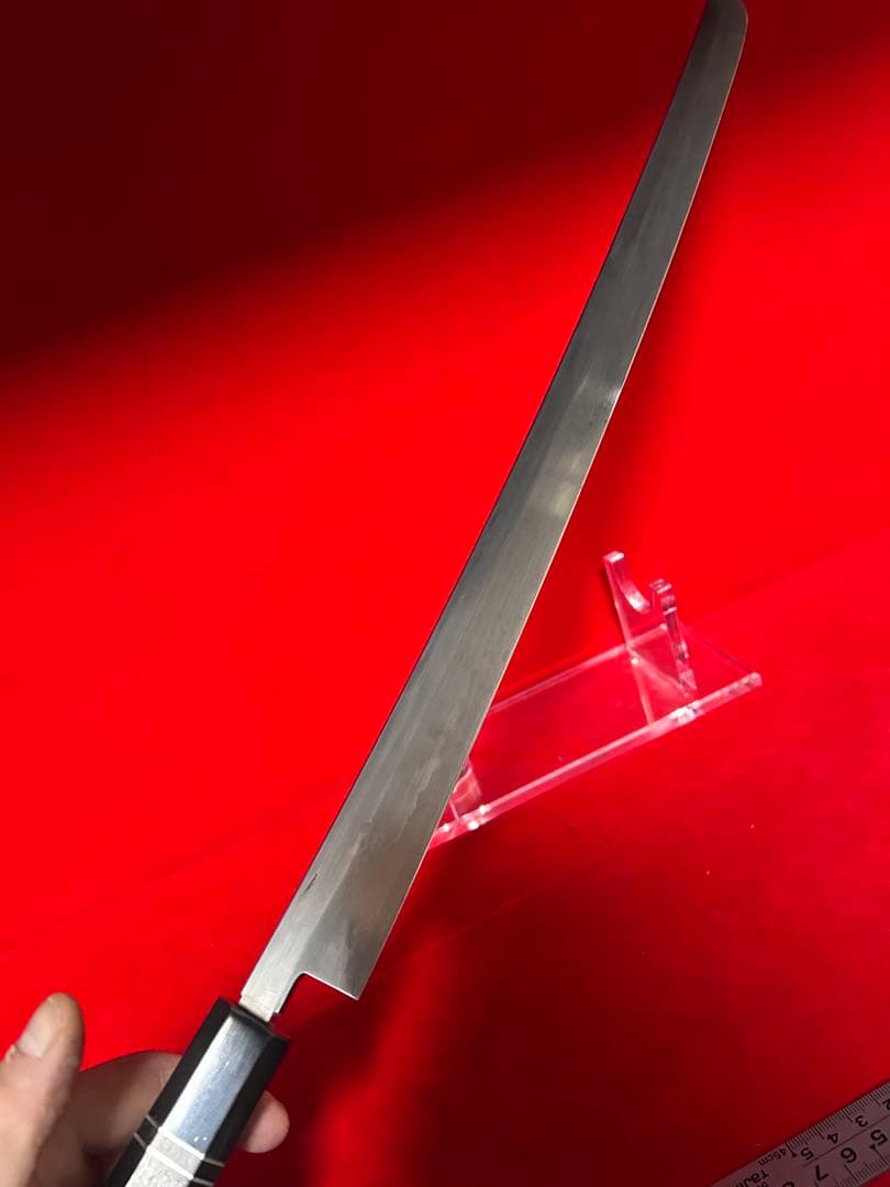 01563 包丁　マグロ包丁　両刃　玉鋼　乱れ刃紋　刃付　未使用品