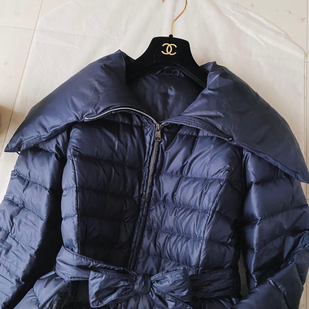 美品◆MaxMaraロングダウンコート 女優襟 リボンベルト ネイビー L-XL