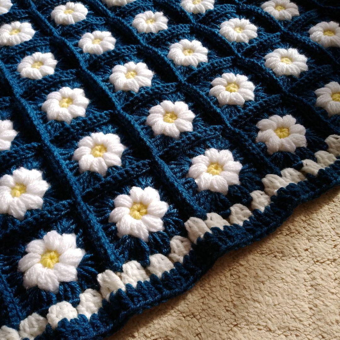 ぷっくりお花のマルチカバー♥かぎ針編み♥大判♥インディゴ