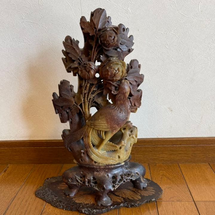 中国 石彫 置物 花鳥図 牡丹 鳳凰 彫刻 台座付き 手彫り オブジェ