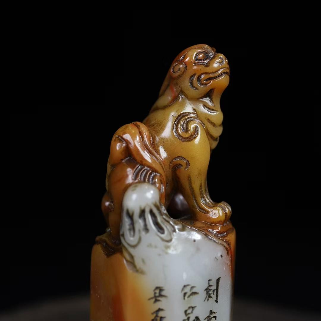 中国古美術 旧蔵 寿山石 瑞獣鈕 六角印章 篆刻 印鑑 時代物 唐物 文房置物