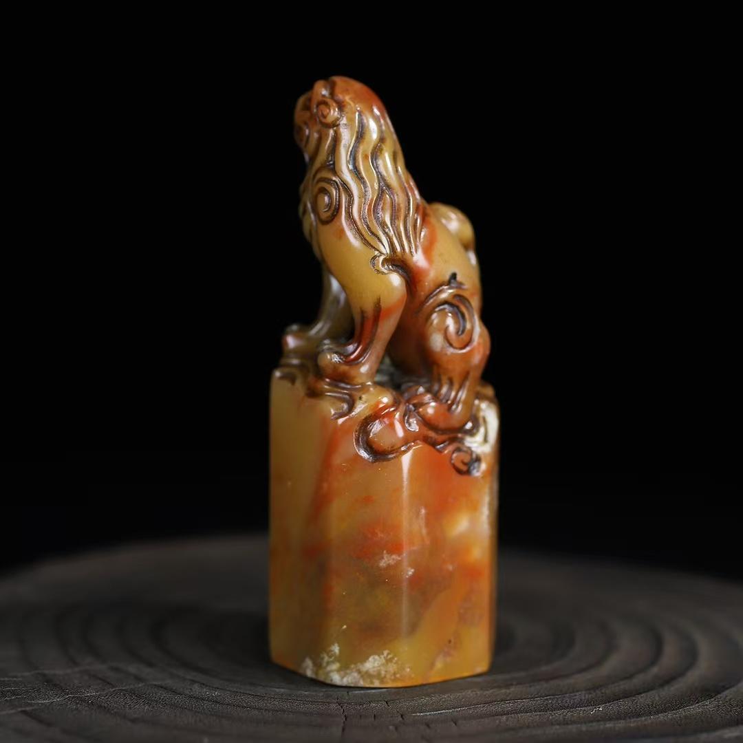 中国古美術 旧蔵 寿山石 瑞獣鈕 六角印章 篆刻 印鑑 時代物 唐物 文房置物