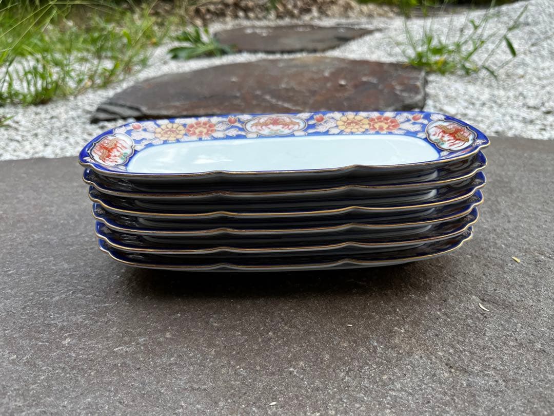 幸楽窯 献上 古伊万里　金襴手　金彩鳳凰花文様　焼魚プレート　皿　6枚