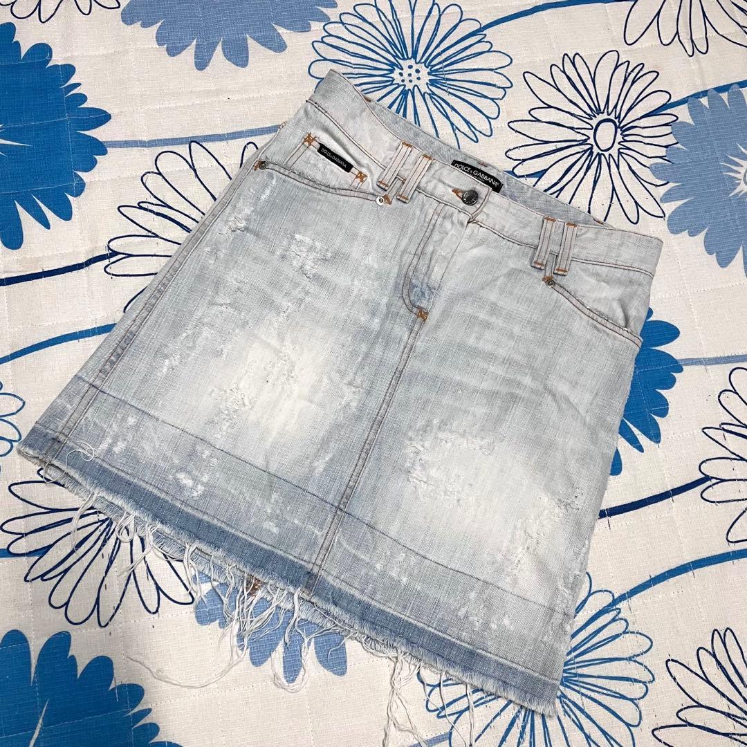 【希少】D&G ドルガバ　メタルロゴ　ダメージ ウォッシュ加工　デニムスカート