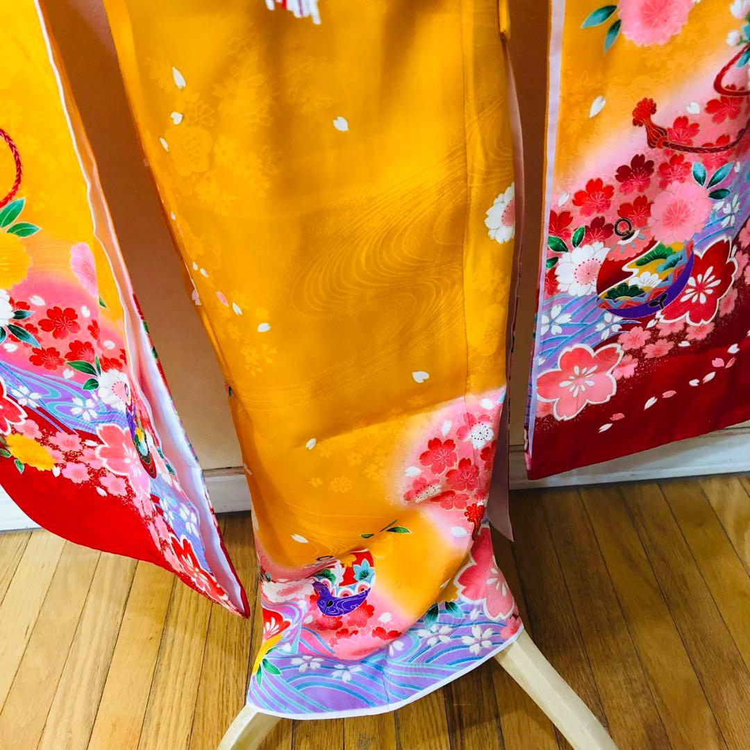 七五三七歳‼豪華黄色赤地可愛い❤️手毬桜金彩金箔煌びやか際立つ‼️完全フルセット絢爛
