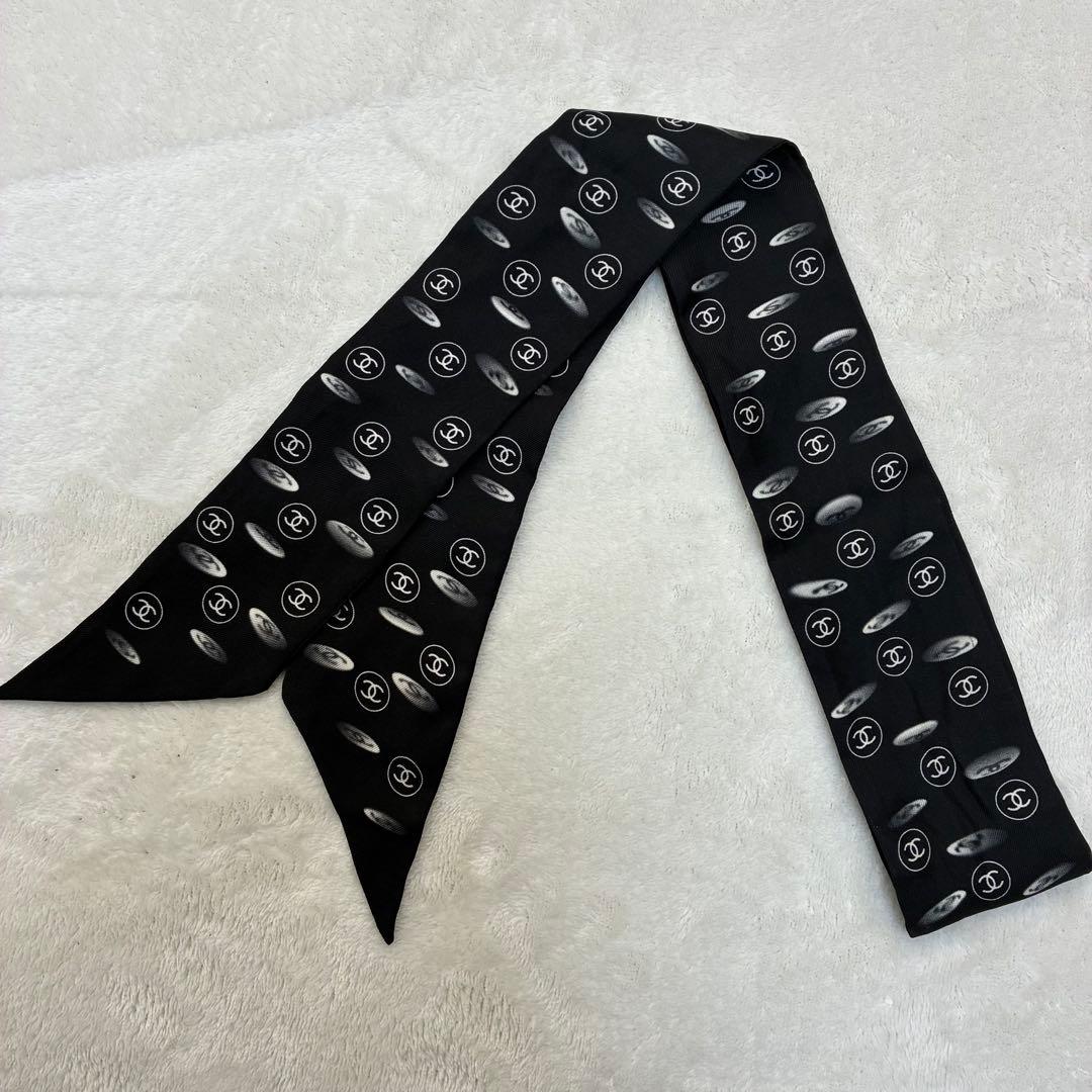 CHANEL シャネル ココマーク シルク スカーフ 黒 バッグアクセ