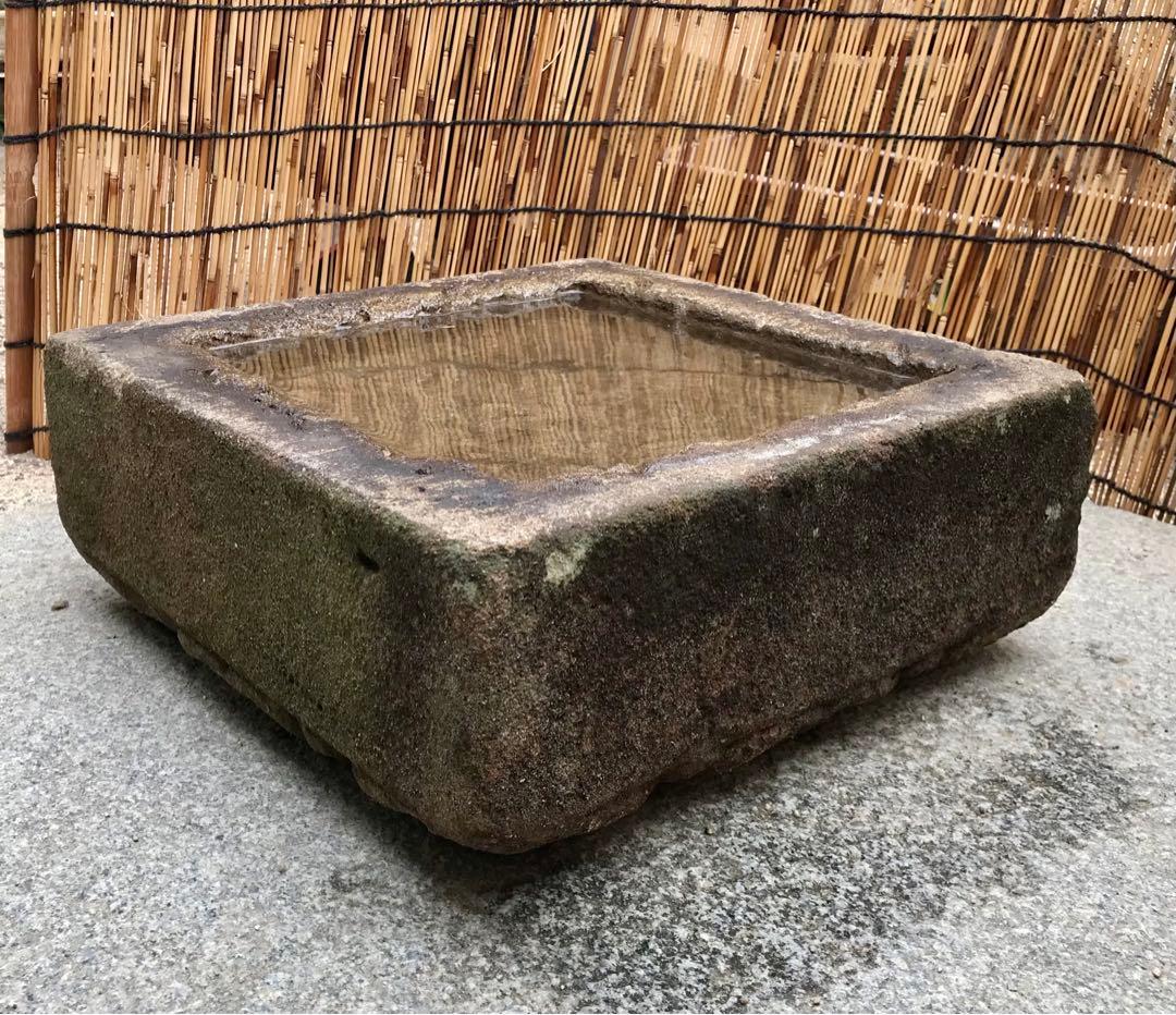 【天然石・四角型水鉢・手水鉢・蹲】庭石オブジェ置物ガーデニング造園坪庭バードバス